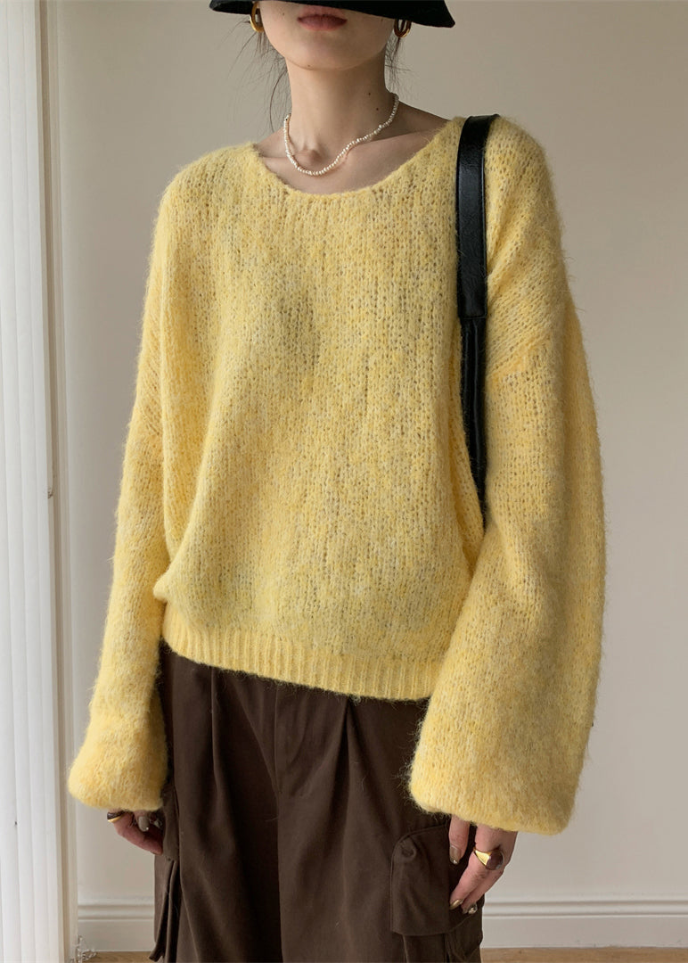 Yellow Cotton Knit Pullover Sweater V Neck Spring