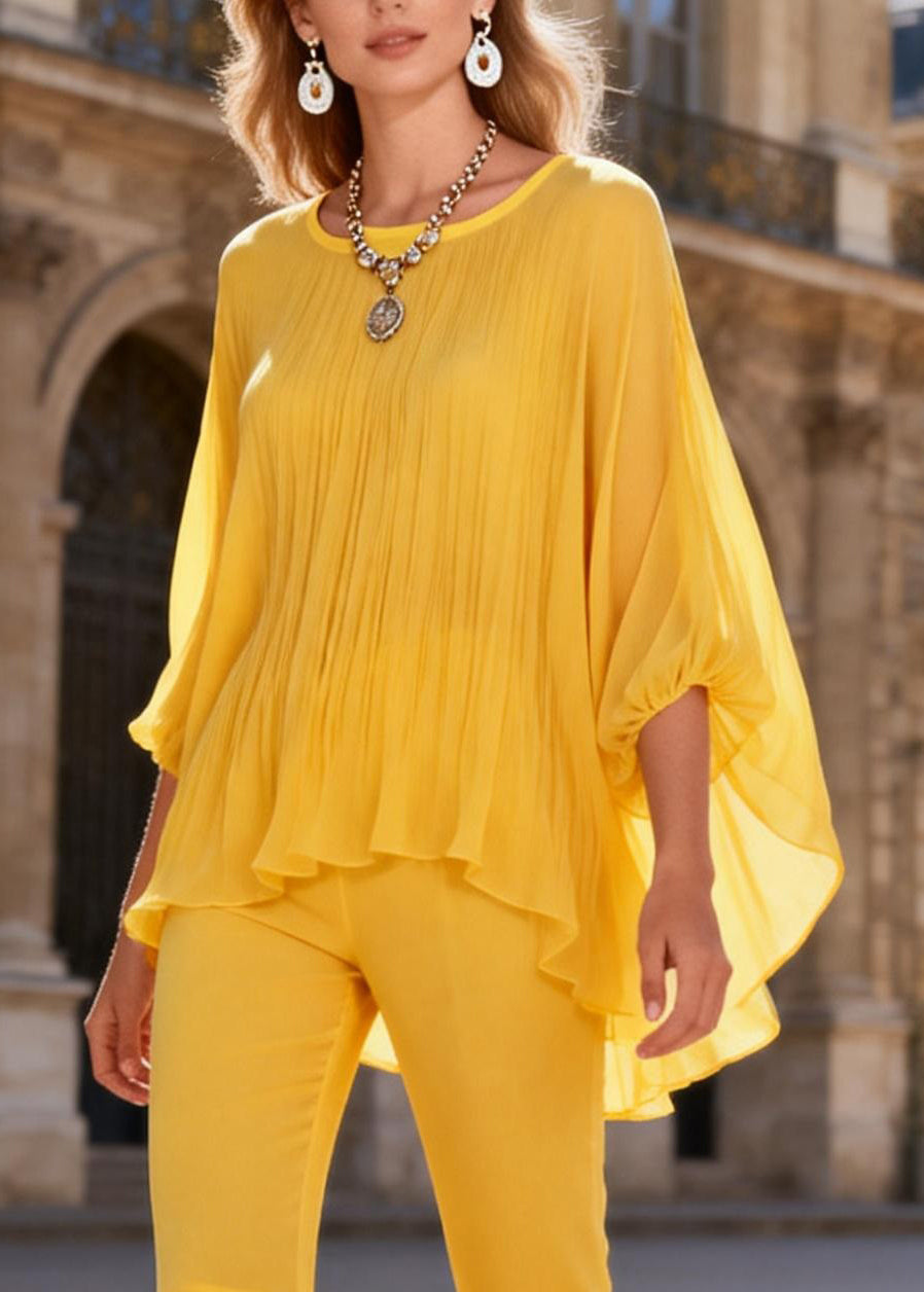 Yellow Wrinkled Two Pieces Set O Neck Bracelet Sleeve