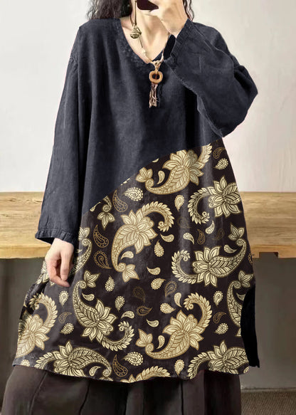 Yellow Stripes V Neck Embroidered Patchwork Linen Mid Dresses Fall