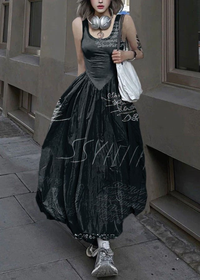 New Black Text Backless Patchwork Cotton Long Dresses Sleeveless