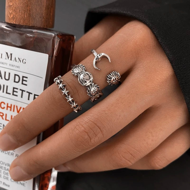 Vintage Silver Moon And Star Ring Pack