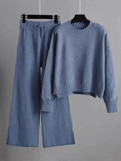 CD | Set elegant de pulover tricotat de iarnă și pantaloni largi pentru femei
