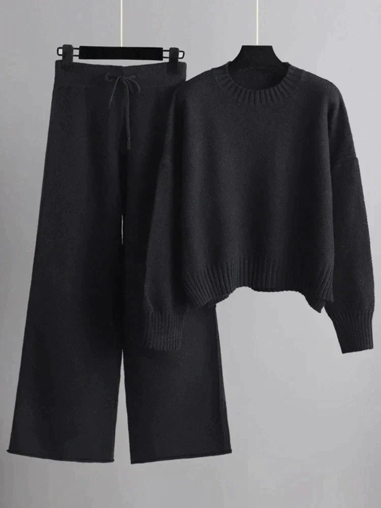 CD | Set elegant de pulover tricotat de iarnă și pantaloni largi pentru femei