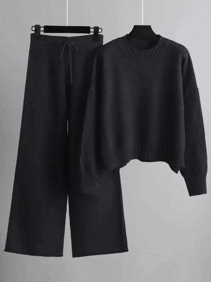 CD | Set elegant de pulover tricotat de iarnă și pantaloni largi pentru femei