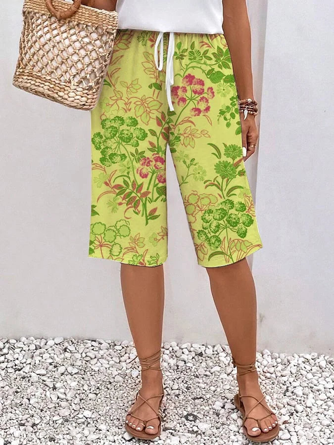 CD | Pantaloni largi, casual, pentru femei, cu imprimeu floral, cordon și talie elastică