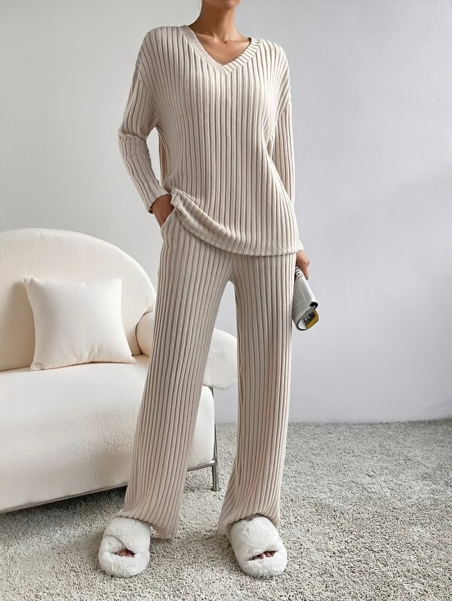 CD | Pulover confortabil cu mânecă lungă, cu decolteu V și set de pantaloni pentru femei