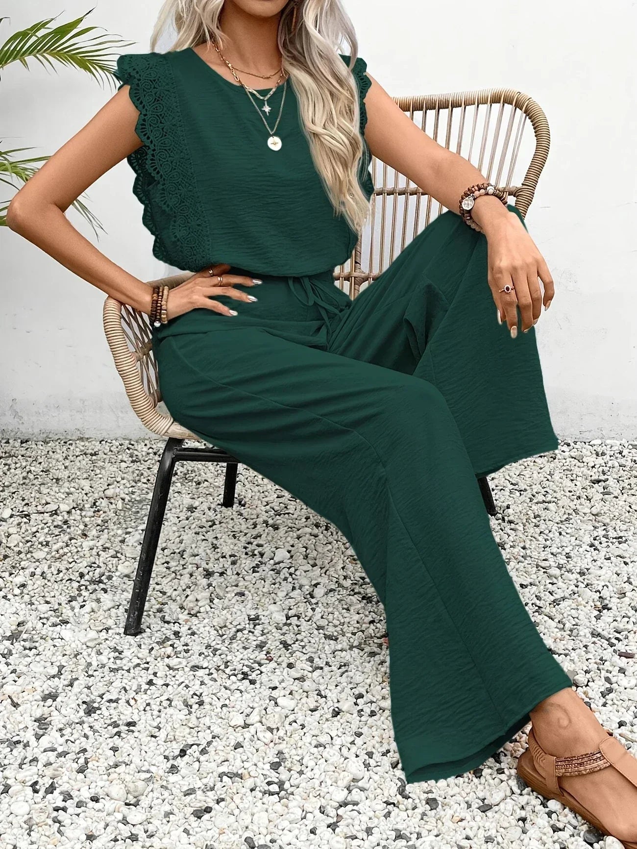 CD | Top elegant din dantelă și pantaloni cu picior lat