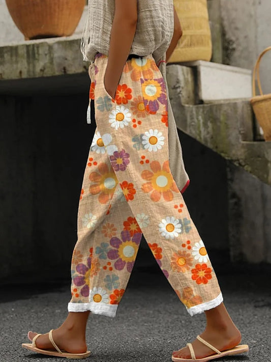 CD | Pantaloni casual vintage cu imprimeu floral pentru femei