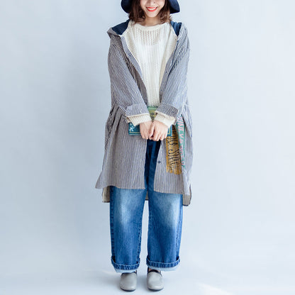 Autumn Black Beige Striped Prints Cotton Shirt Dress Hooded Cardigans Mid Dress
