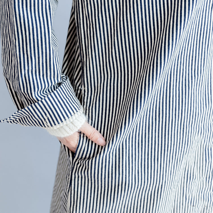Autumn Black Beige Striped Prints Cotton Shirt Dress Hooded Cardigans Mid Dress