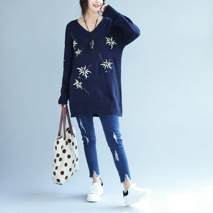 Autumn Blue Embroidery Sweater Dress Oversize Mid Long Knit Pullover Dresses