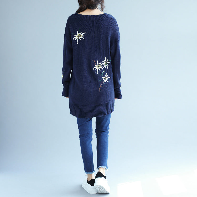 Autumn Blue Embroidery Sweater Dress Oversize Mid Long Knit Pullover Dresses