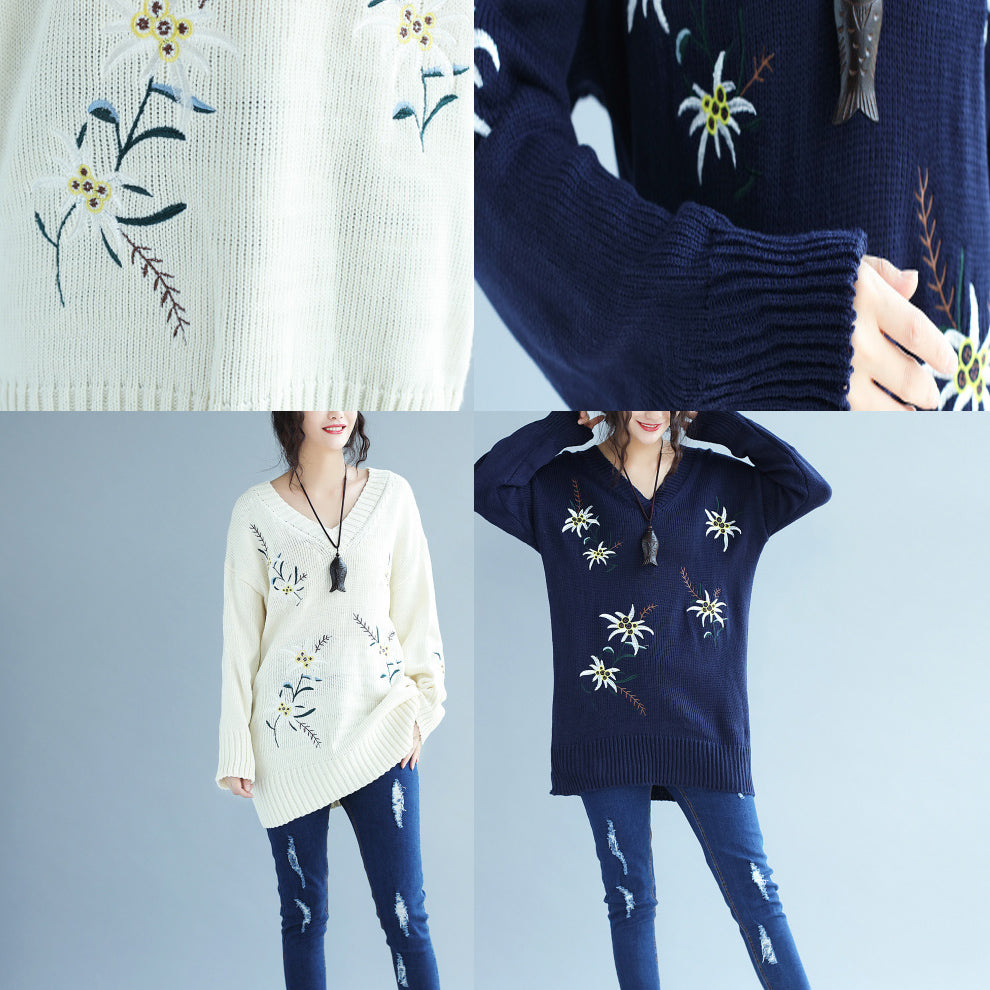 Autumn Blue Embroidery Sweater Dress Oversize Mid Long Knit Pullover Dresses
