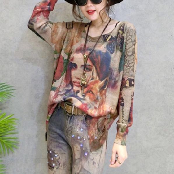Autumn Print Knit Pullover O Neck Sweaters