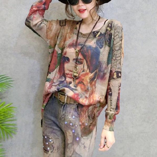 Autumn Print Knit Pullover O Neck Sweaters