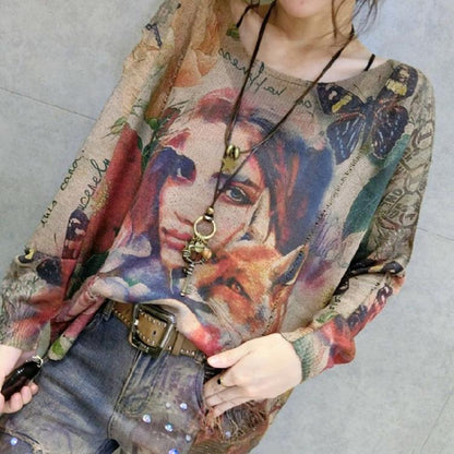 Autumn Print Knit Pullover O Neck Sweaters