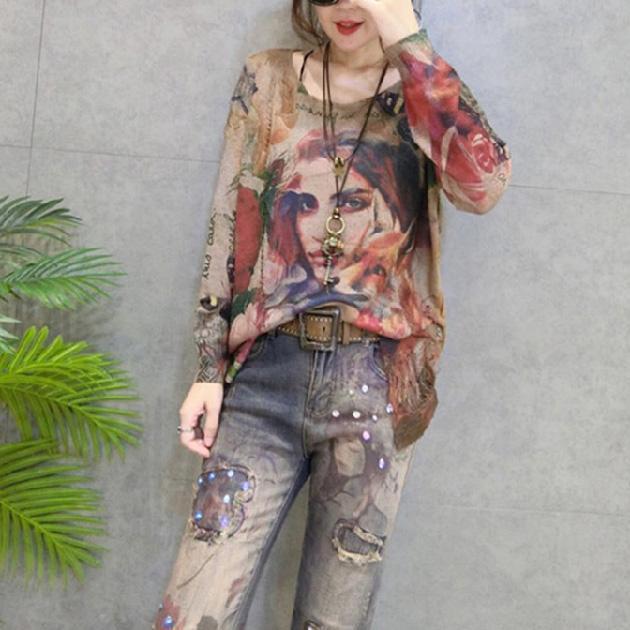 Autumn Print Knit Pullover O Neck Sweaters