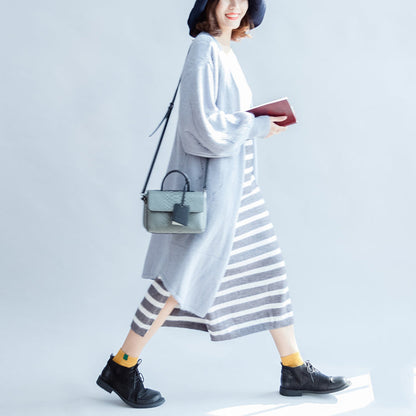 Autumn Light Blue Cotton Sweater Outwear Oversize Hollow Out Sweater Cardigan