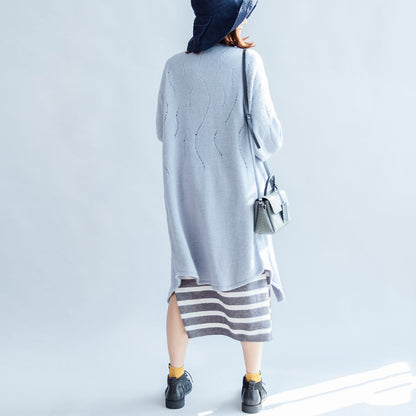 Autumn Light Blue Cotton Sweater Outwear Oversize Hollow Out Sweater Cardigan