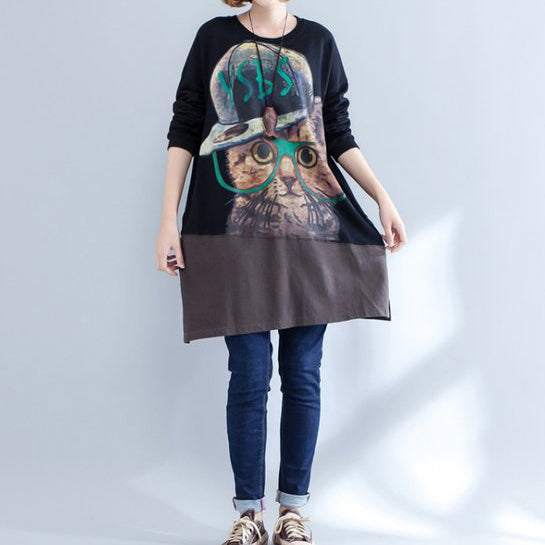 Autumn New Black Patchwork Cotton Prints Dresses O Neck Mid Dress