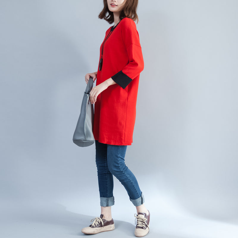 Autumn New Red Cotton Knit Tops O Neck Pullover