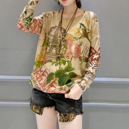 Autumn Bird Prints Sweater Tops O Neck Knit Pullover