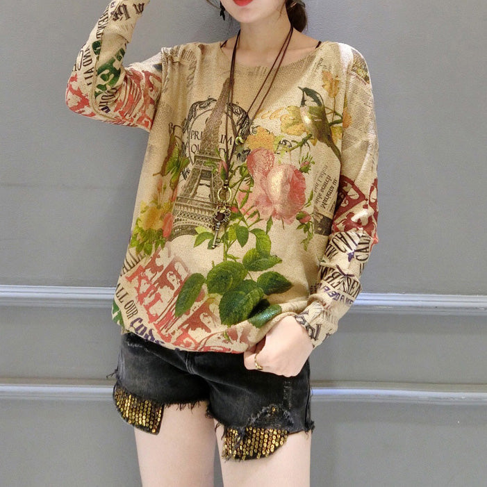 Autumn Bird Prints Sweater Tops O Neck Knit Pullover