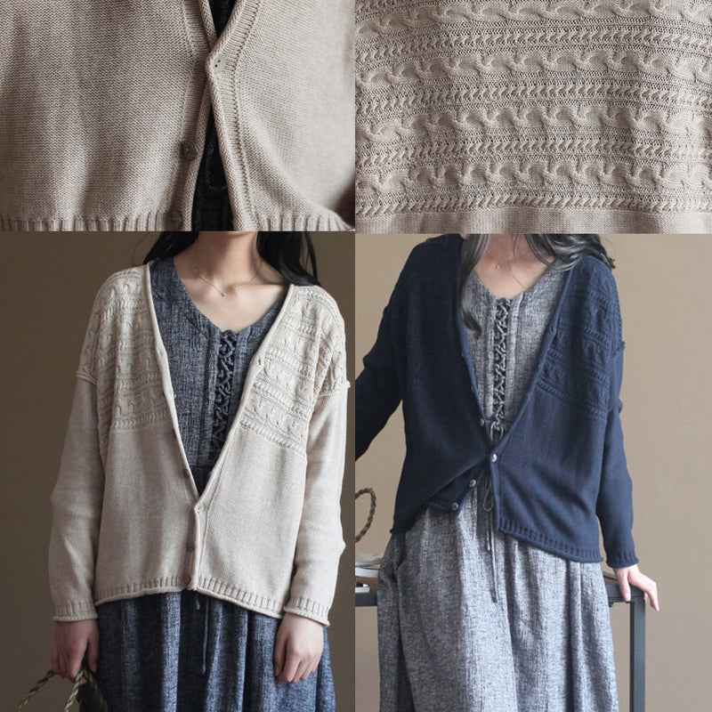 Autumn V Neck Cotton Knit Cardigans Navy Sweater Tops
