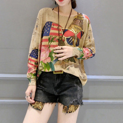 Autumn Winter New Butterfly Prints Cotton Knit T Shirt Oversize O Neck Sweater