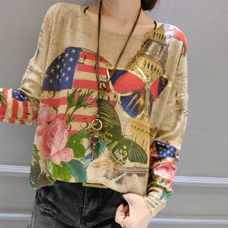 Autumn Winter New Butterfly Prints Cotton Knit T Shirt Oversize O Neck Sweater