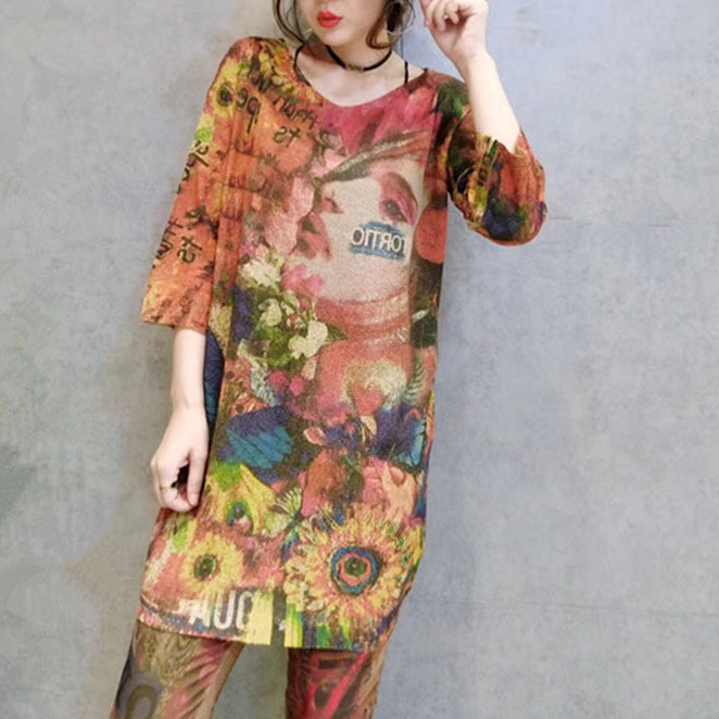 Autumn Stylish Prints Cotton Knit Tops Loose Fit Bracelet Sleeved Mid Long Sweater