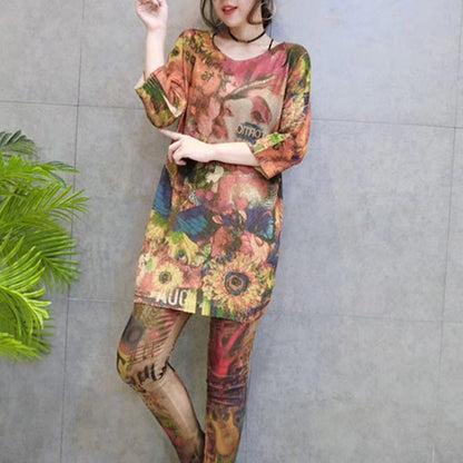 Autumn Stylish Prints Cotton Knit Tops Loose Fit Bracelet Sleeved Mid Long Sweater