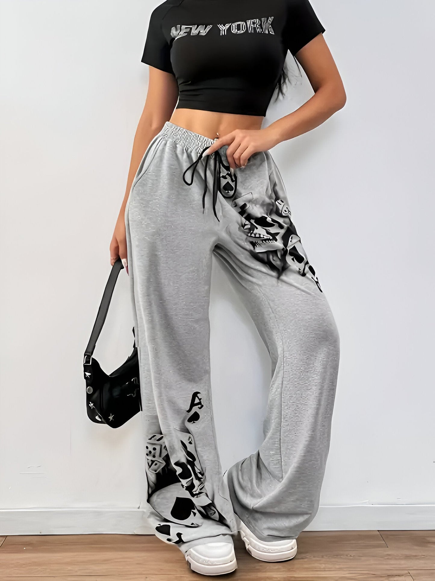 CD | Pantaloni largi casual cu model de fum de cerneală