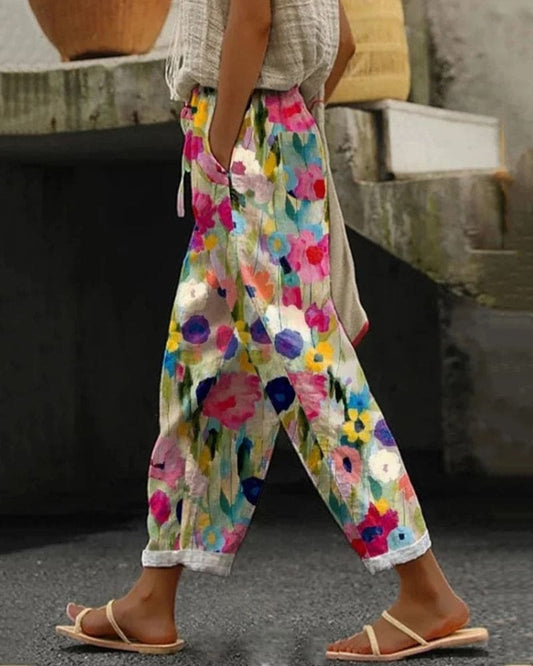 CD | Pantaloni de jogging cu buzunare și imprimeu floral colorat