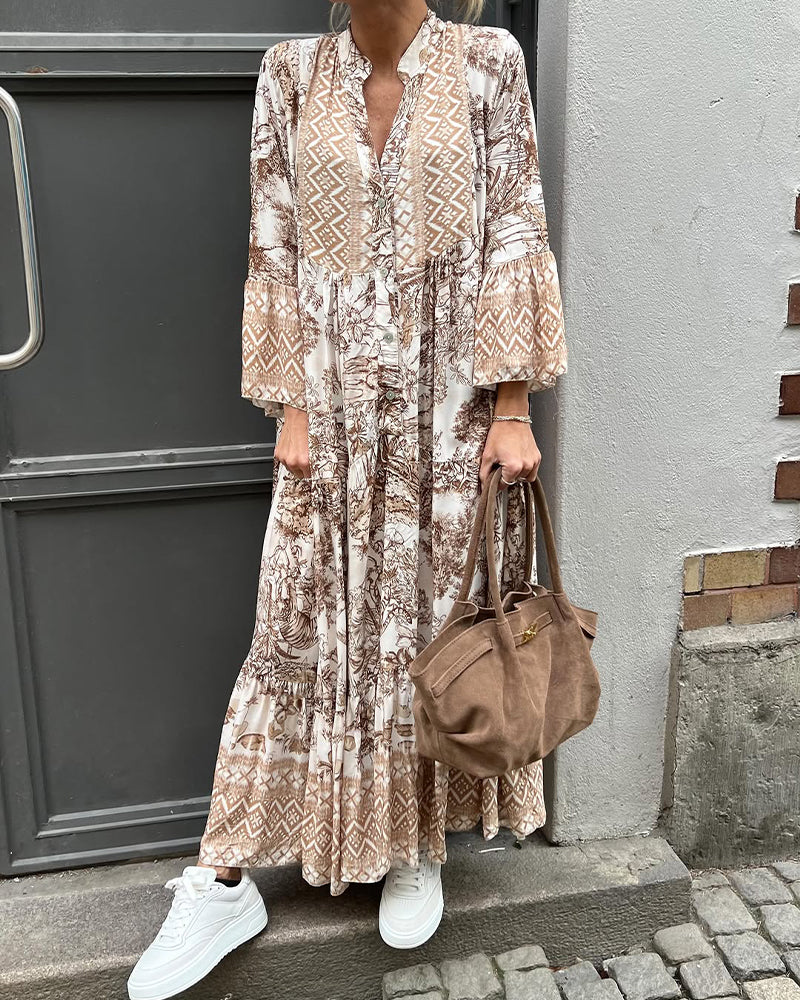 CD | Rochie cu imprimeu retro, mâneci lungi, pantaloni evazați