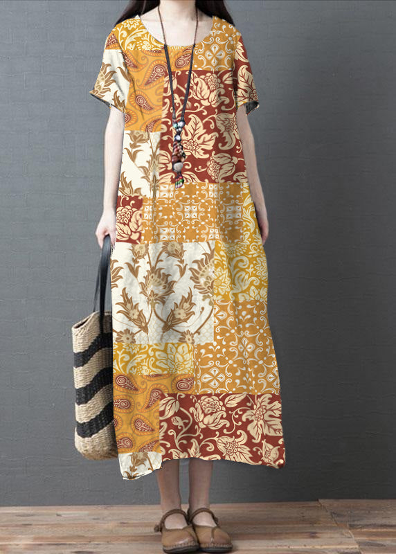 Loose Yellow Geometric O-neck Patchwork Pockets Summer Holiday Dress Short Sleeve