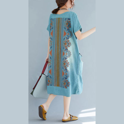 Baggy Denim Blue Pure Cotton Dresses Clothing Holiday Dresses New Short Sleeve Pockets V Neck Print Dress