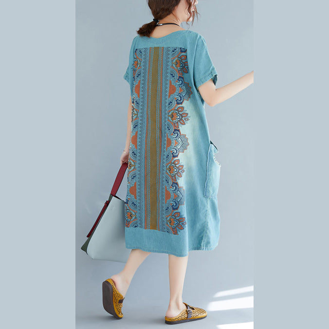 Baggy Denim Blue Pure Cotton Dresses Clothing Holiday Dresses New Short Sleeve Pockets V Neck Print Dress