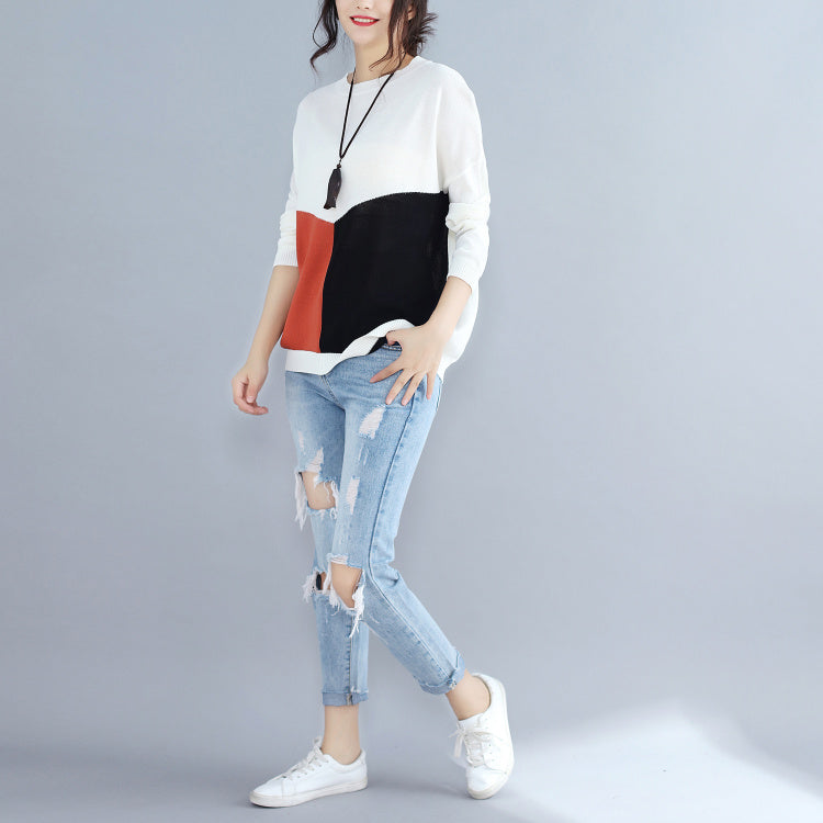 Baggy Loose Patchwork Autumn Woolen Knit Tops Long Sleeve Sweater Pullover