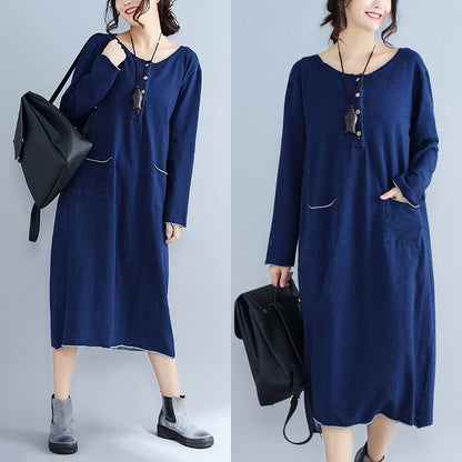 Baggy New Navy Knit Dresses Loose Long Sleeve Pockets Sweater Dress