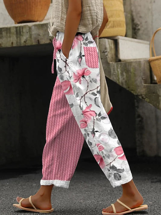 CD | Pantaloni casual vintage cu imprimeu floral și dungi pentru femei