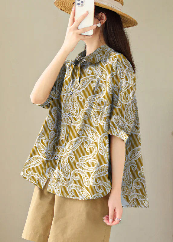 Black Abstract Peter Pan Collar Print Cotton Shirt Tops Summer