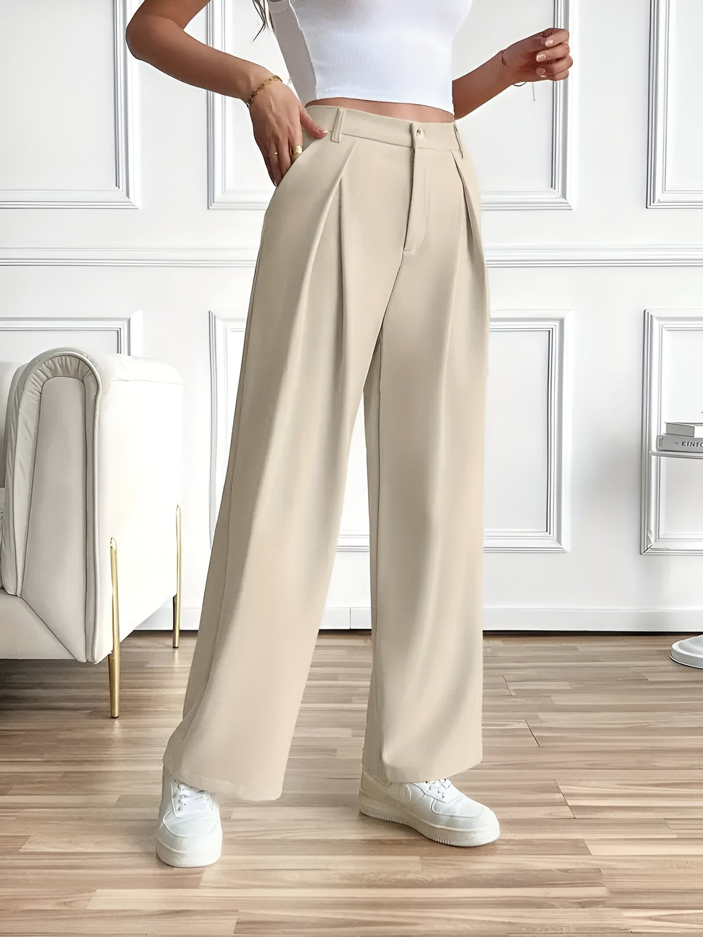 CD | Pantaloni eleganți cu picior drept, cu pliuri și buzunare