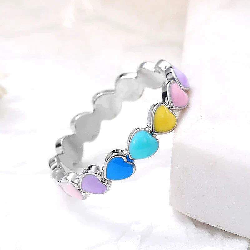 Rainbow Hearts Ring In 925 Sterling Silver And Hand Painted Enamel