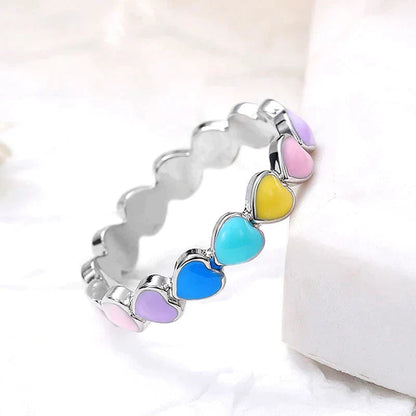 Rainbow Hearts Ring In 925 Sterling Silver And Hand Painted Enamel