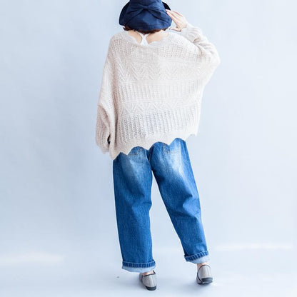 Beige White Knit Sweaters Ruffles Sweater