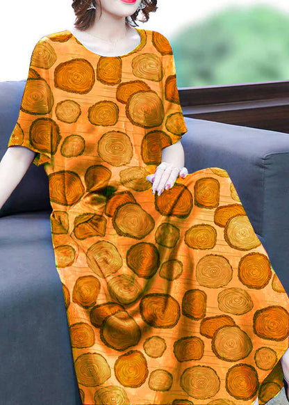 Green-flower Print Silk Long Dress Oversized Pockets Wrinkled Summer