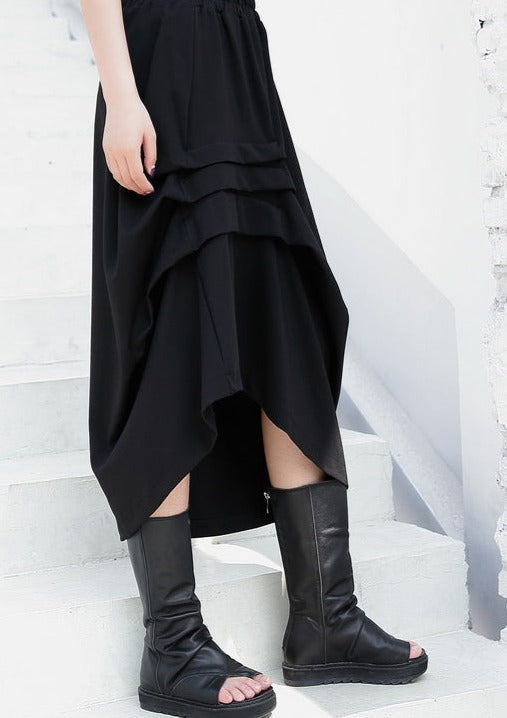 Black Cotton Blended Skirts Loose One Side Drawstring Elastic Waist Aline Skirts