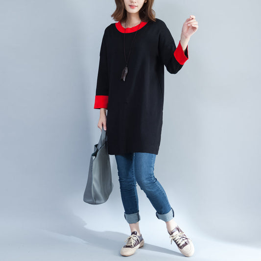 Black Cotton Sweater Tops Oversize Long Sleeve Pullover