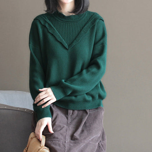 Blackish Green Thick Cotton Knit Blouse Lace Collar Sweater
